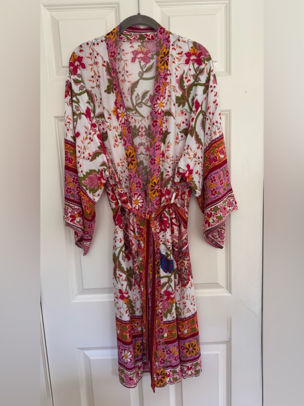 Boho‎ floral rayon lightweight front tie kimono robe beach cover up women’s M